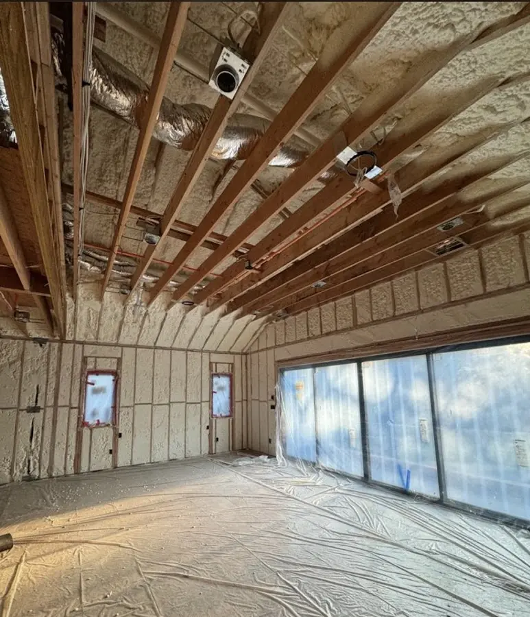 Interior walls and ceiling insulated with spray foam during new construction in Twin Lakes